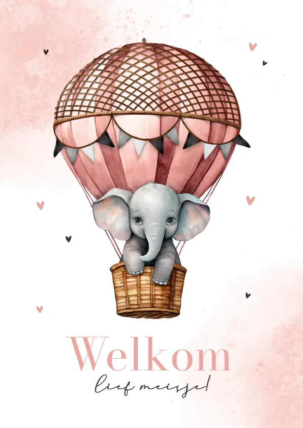 felicitatiekaart meisje olifantje luchtballon verf jpeg